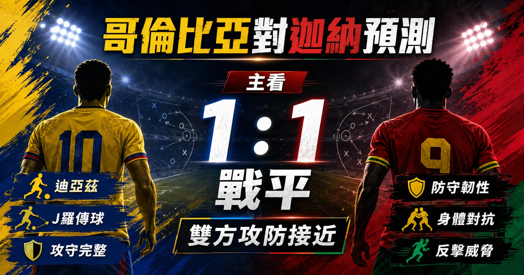 哥倫比亞對迦納賽前預測，主看 1：1 戰平，雙方攻防接近。