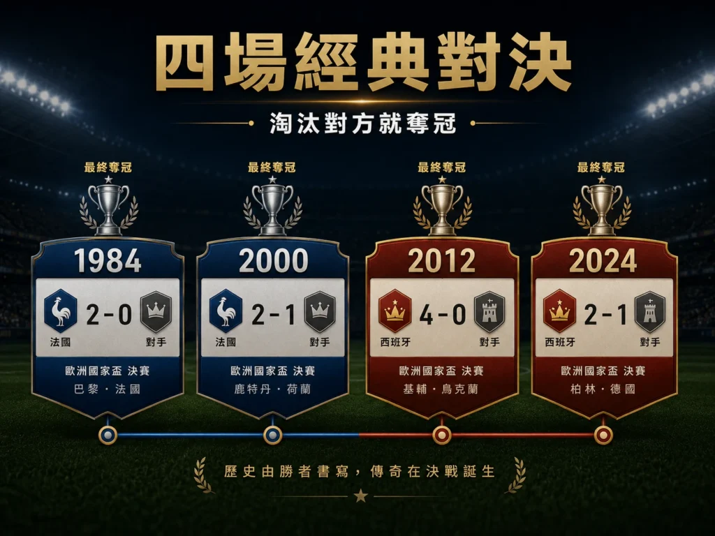 法國與西班牙四場經典決賽紀錄，整理歐洲國家盃決賽勝負。