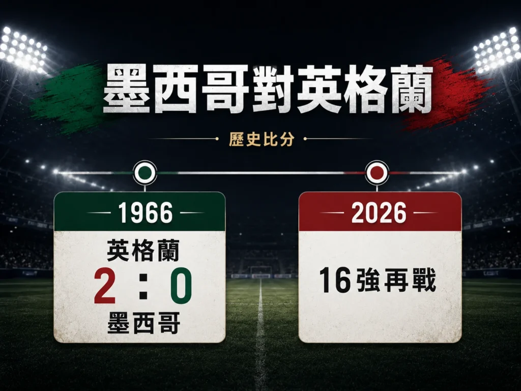 墨西哥對英格蘭歷史比分圖,回顧 1966 英格蘭 2:0 墨西哥與 2026 16強再戰。