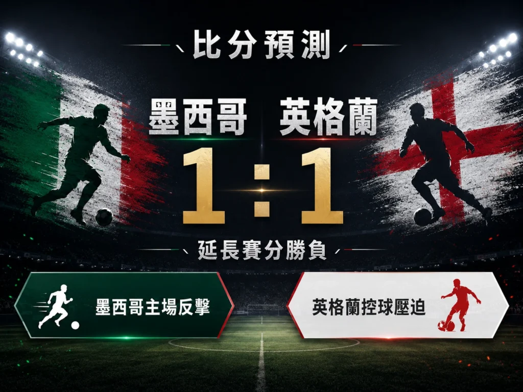墨西哥對英格蘭比分預測圖,主看 1:1 延長賽分勝負,分析墨西哥反擊與英格蘭控球壓迫。