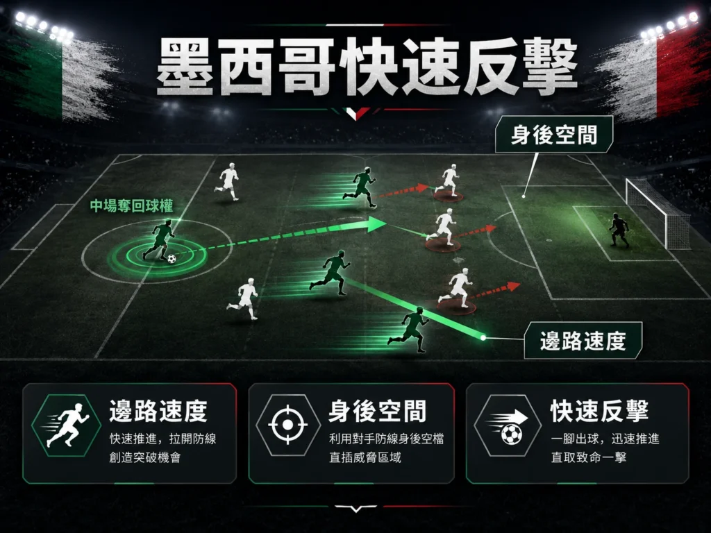墨西哥快速反擊圖,整理邊路速度、身後空間與快速推進如何威脅英格蘭防線。