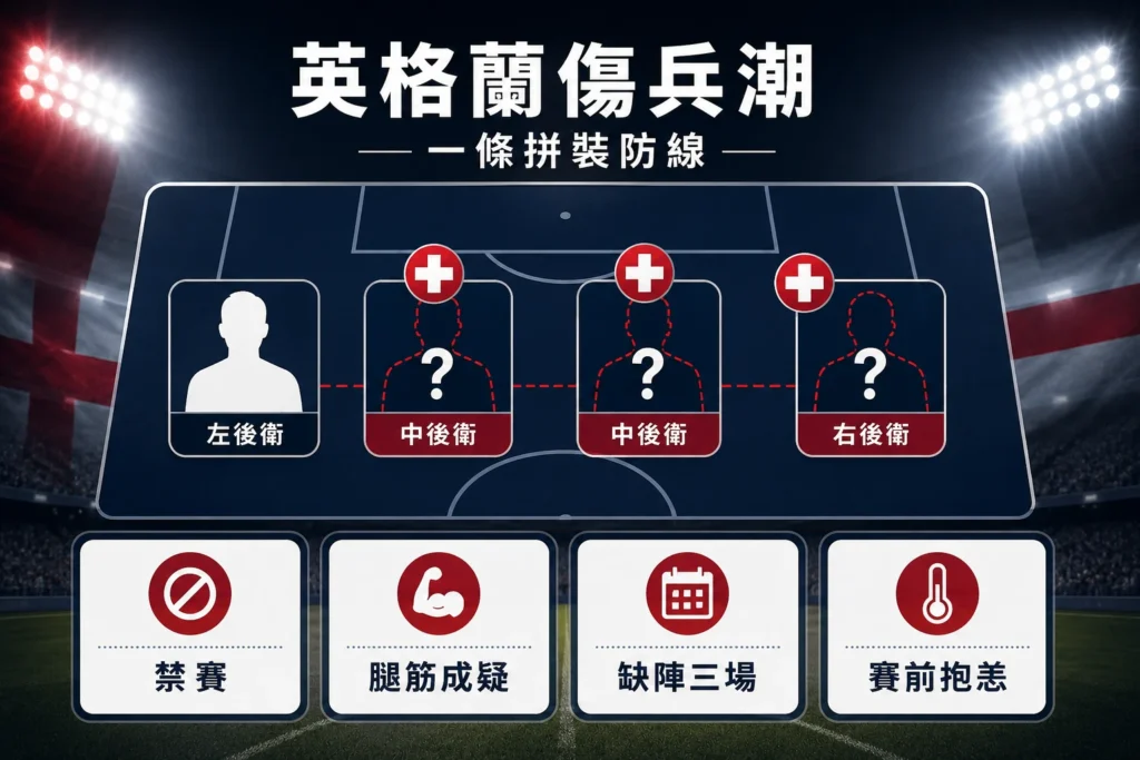 英格蘭後防傷兵潮成為賽前隱憂,多名後衛缺陣讓防線面臨考驗。